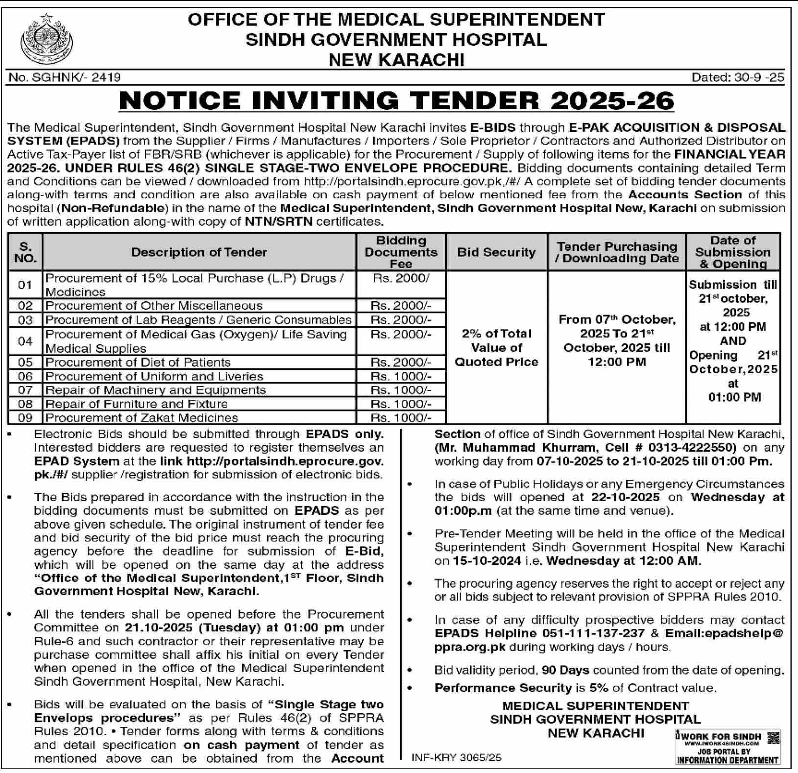 Sindh Government Hospital Karachi Tender Notice